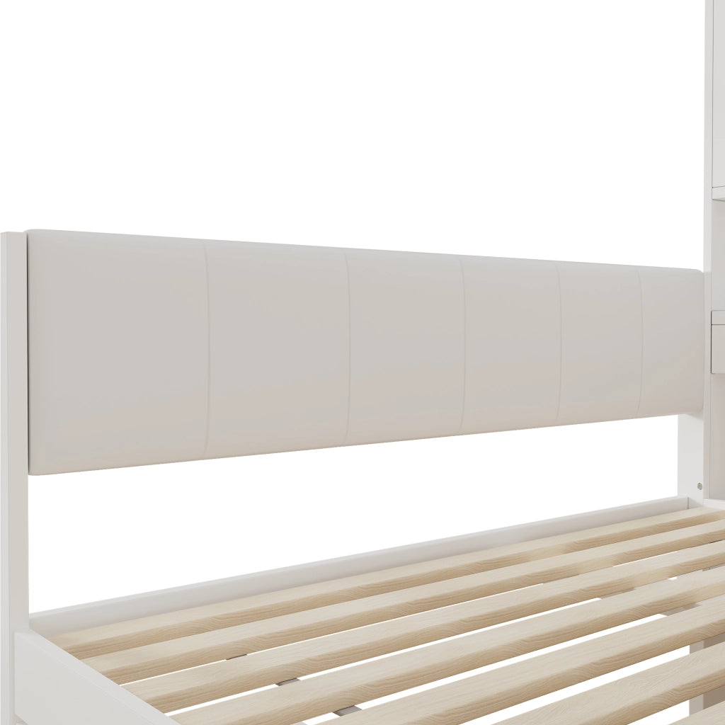 Letto contenitore 140x200 con illuminazione LED, porte USB, cassetti e testiera imbottita in PU, bianco