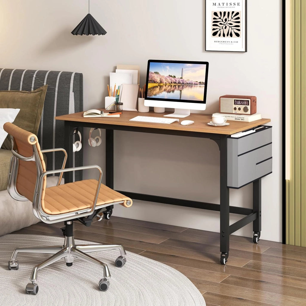 Scrivania per Ufficio e Casa, Scriviania con Ampio Piano e 4 Ruote Bloccabili, Scriviania per Computer di Metallo e Legno, 120 x 60 x 75 cm (Naturale)