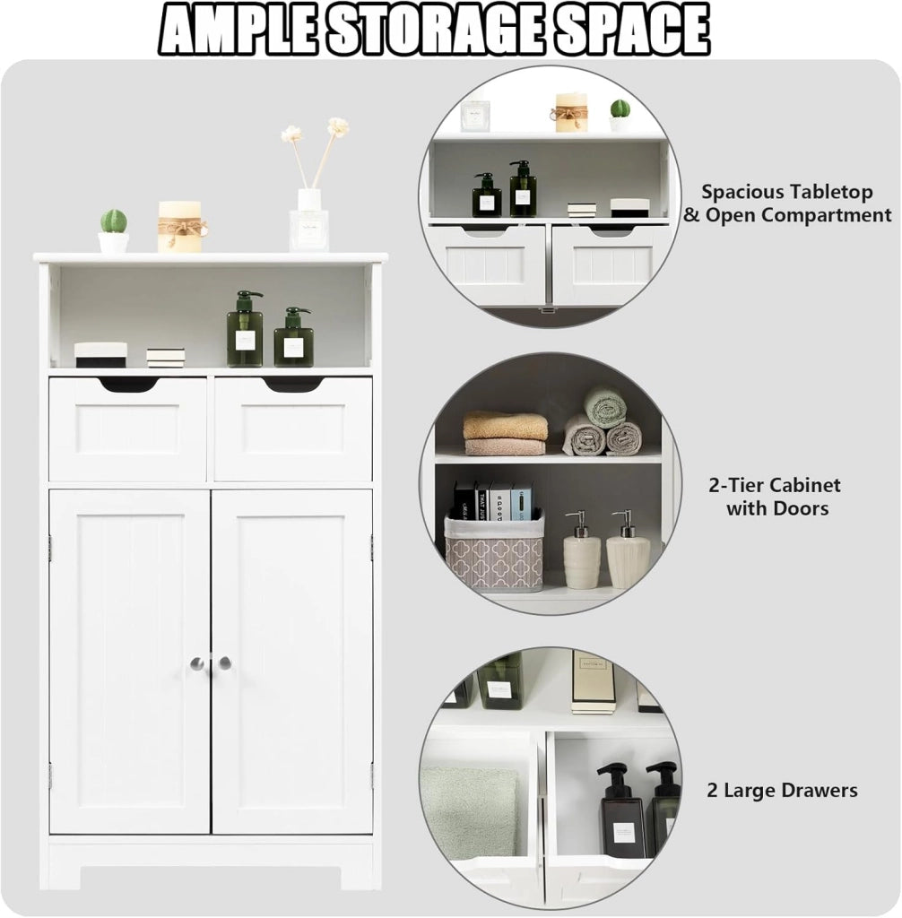 Mobile da Bagno con 2 Cassetti e 2 Armadi a Porta, 60 x 30 x 109 cm, Armadietto da Terra Autoportante in MDF, Armadio d’Archivio per Soggiorno, WC, Camera da Letto, Cucina (Bianco)