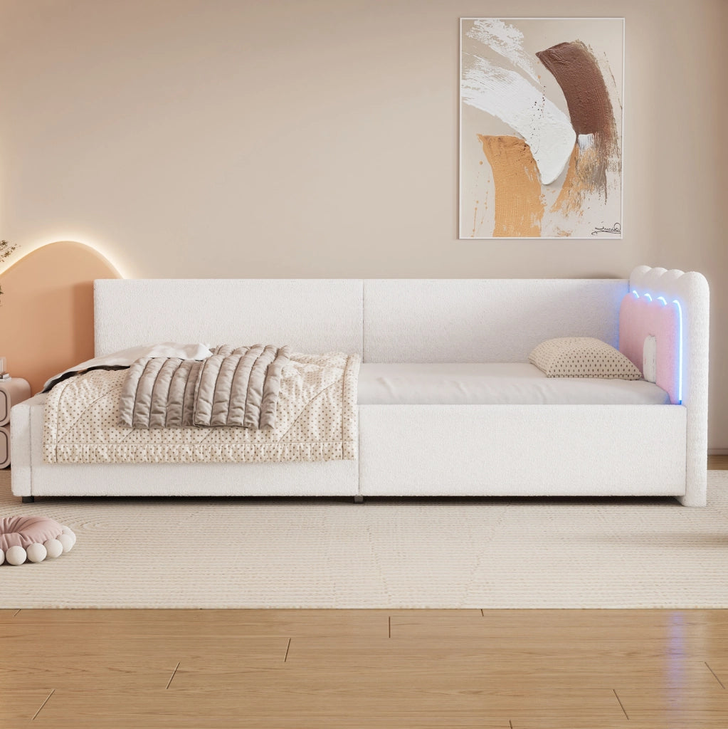 Letto imbottito con illuminazione LED regolabile; 90 x 200 cm; velluto; bianco
