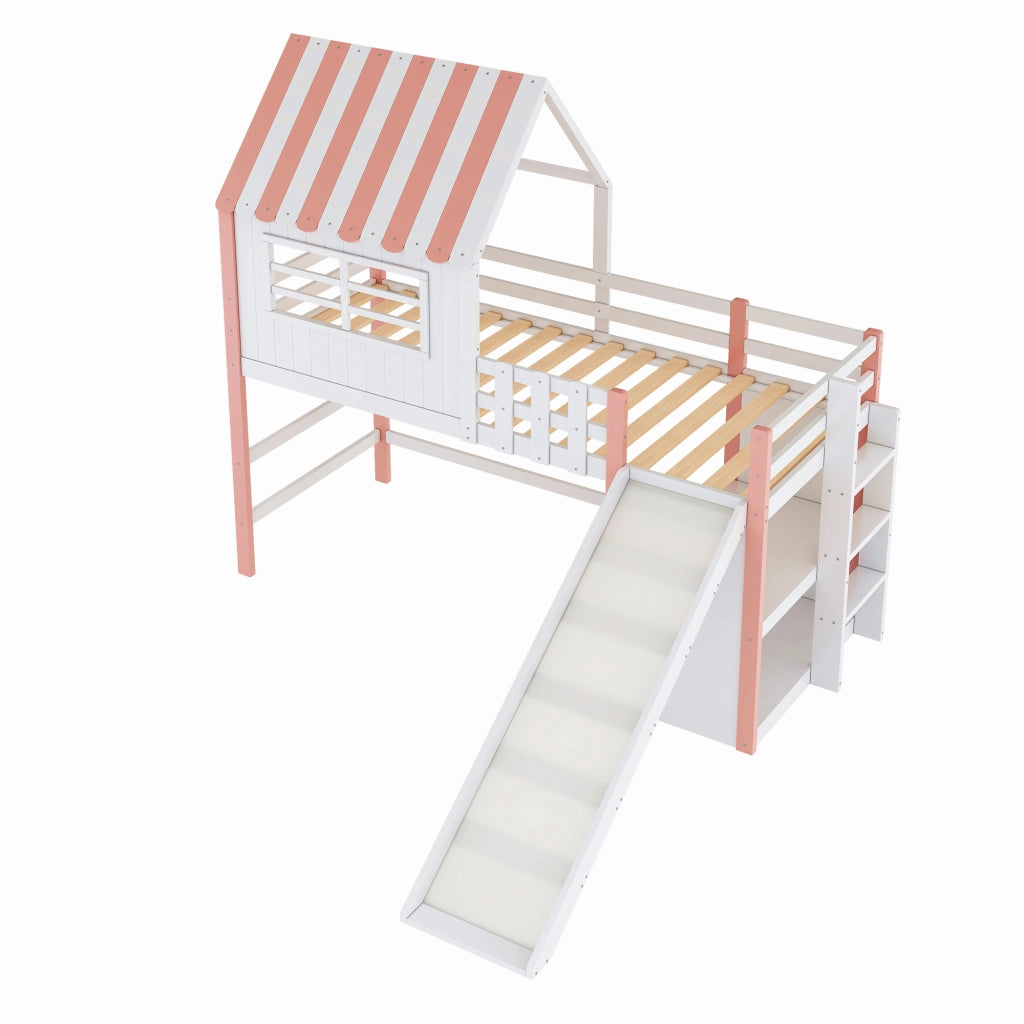 Letto a castello rosa in legno massello e MDF con scivolo e scala di sicurezza 90x200 cm