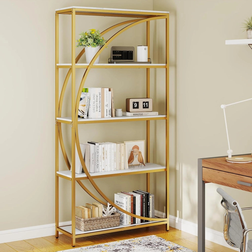 Libreria a 5 piani autoportante con 5 ripiani aperti, scaffale da esposizione industriale con design a mezzaluna per casa e ufficio, 86 x 30 x 175 cm (bianco)