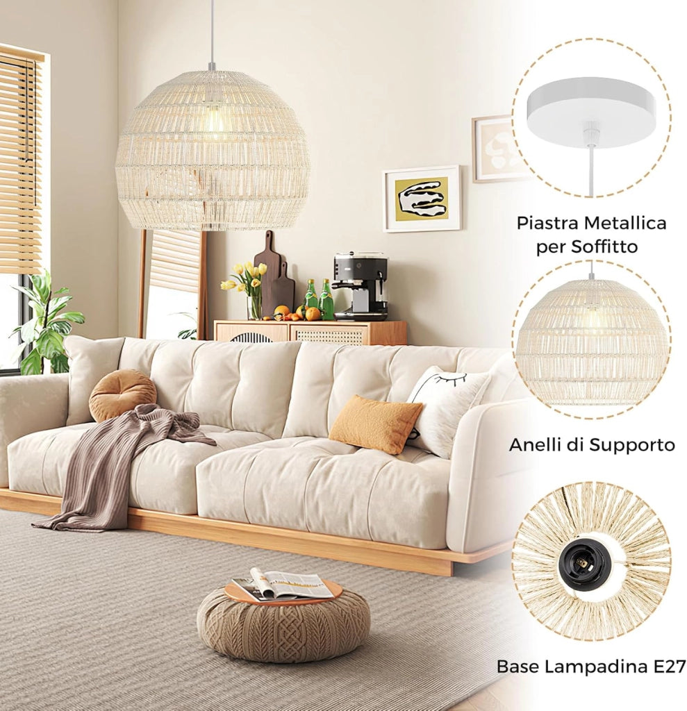 Lampada a Sospensione, Lampadario Moderno con Struttura in Metallo e Cupola in Carta, Luce con Altezza Regolabile per Cucina, Camera da Letto e Soggiorno, 43 x 43 x 34 cm (Beige)