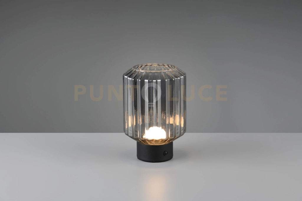 LORD LAMPADA DA TAVOLO RICARICABILE METALLO NERO E VETRO RIGATO FUME' REGOLAZIONE INTESITA' TOUCH H.19,5CM LED 1,5W 100lm, 3000K