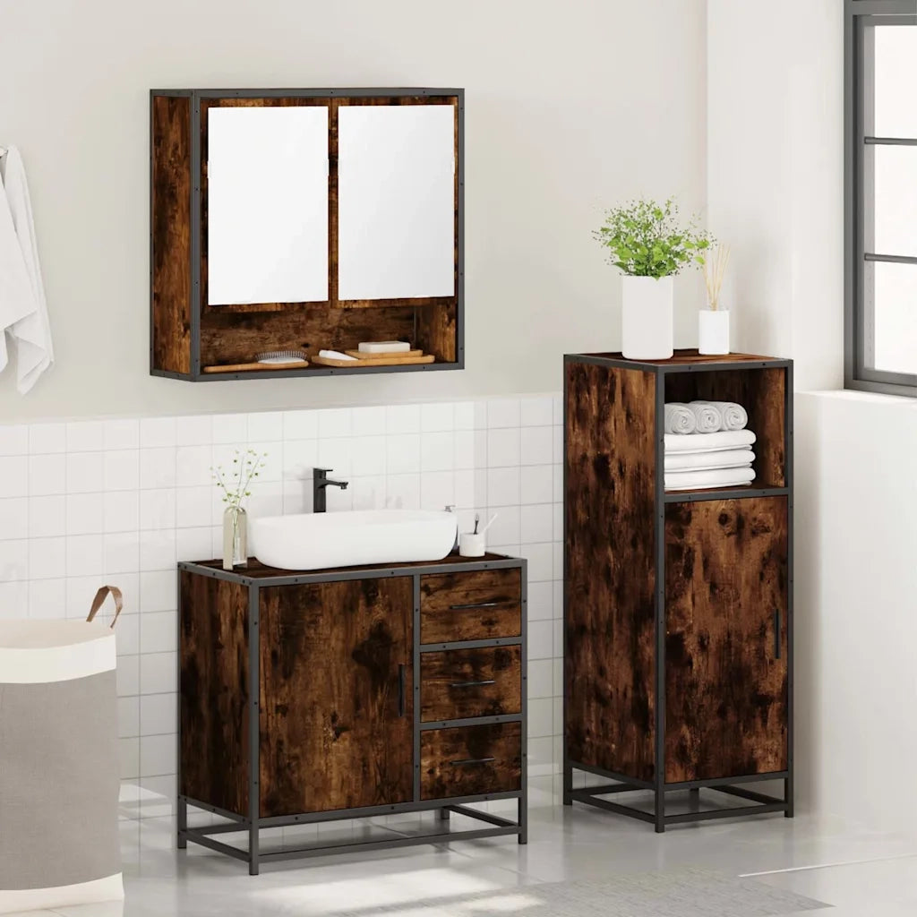 Set Mobili da Bagno 3 pz Rovere Fumo in Legno Multistrato 3300987