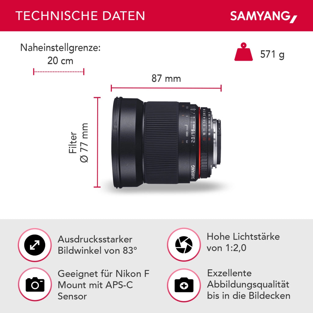 16/2.0 Lens DSLR Nikon F AE obiettivo fotografico con messa a fuoco manuale e anello di apertura automatica, obiettivo grandangolare nero