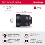 16/2.0 Lens DSLR Nikon F AE obiettivo fotografico con messa a fuoco manuale e anello di apertura automatica, obiettivo grandangolare nero