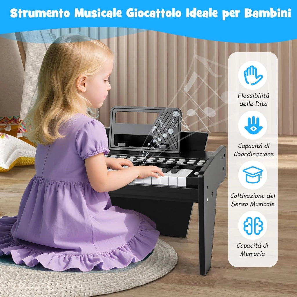 Tastiera Pianoforte per Bambini a 25 Tasti, Mini Pianoforte Digitale Giocattolo, con Velocità e Volume Regolabili, Tasto Luminoso e Leggio, Modalità Didattica, per 3+ Anni (Nero)