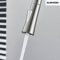 JANA | Rubinetto da cucina estensibile Premium in acciaio inox argento spazzolato | Rubinetto miscelatore ad alta pressione girevole a 360° 2 attacchi