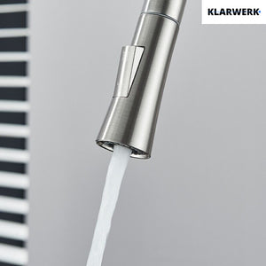 JANA | Rubinetto da cucina estensibile Premium in acciaio inox argento spazzolato | Rubinetto miscelatore ad alta pressione girevole a 360° 2 attacchi