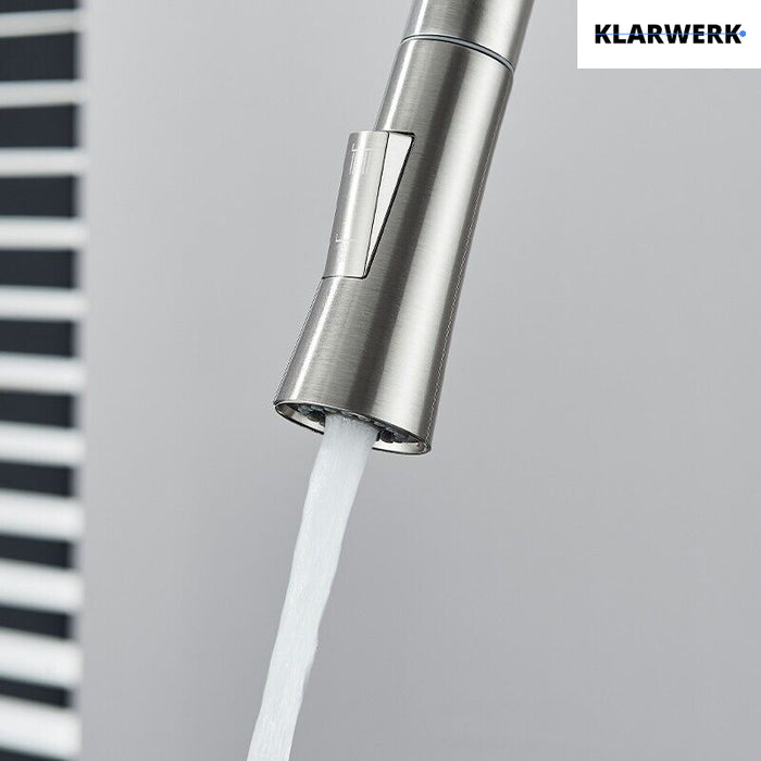 JANA | Rubinetto da cucina estensibile Premium in acciaio inox argento spazzolato | Rubinetto miscelatore ad alta pressione girevole a 360° 2 attacchi