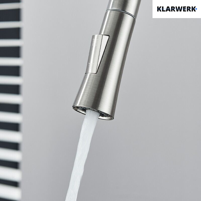 JANA | Rubinetto da cucina estensibile Premium in acciaio inox argento spazzolato | Rubinetto miscelatore ad alta pressione girevole a 360° 2 attacchi