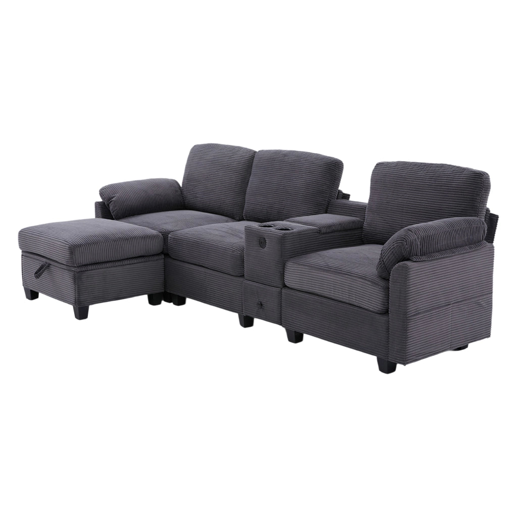 Divano con memory foam console scorrevole USB-C tasche laterali e pouf contenitore in velluto a coste grigio scuro