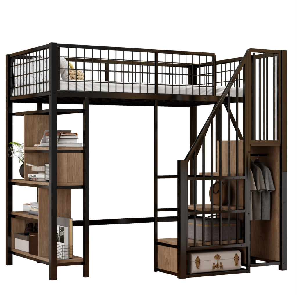 Letto a soppalco 90x200 cm con scala contenitore; struttura in metallo e legno; nero