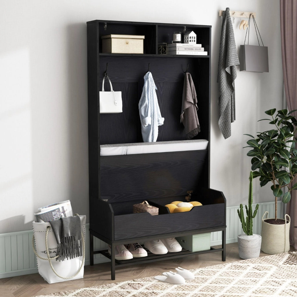 Appendiabiti da ingresso con cuscino per seduta e scomparti aperti, Appendiabiti 4-in-1 con stoccaggio per scarpe Nero-Appendiabiti