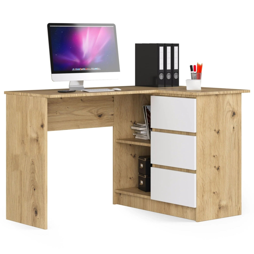 Scrivania angolare AKORD B16 Quercia Artisan 124 cm 3 cassetti inserto frontale Bianco 124x85x77 cm Modello a destra