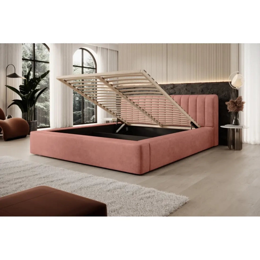 Letto contenitore CERVIN – Velluto morbido Ocre rosato – 180x200 cm – Rete sollevabile – Design elegante