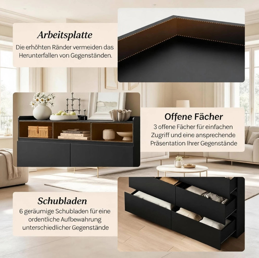 Comò con 6 cassetti e 3 vani aperti 120x40x100 cm in truciolare nero