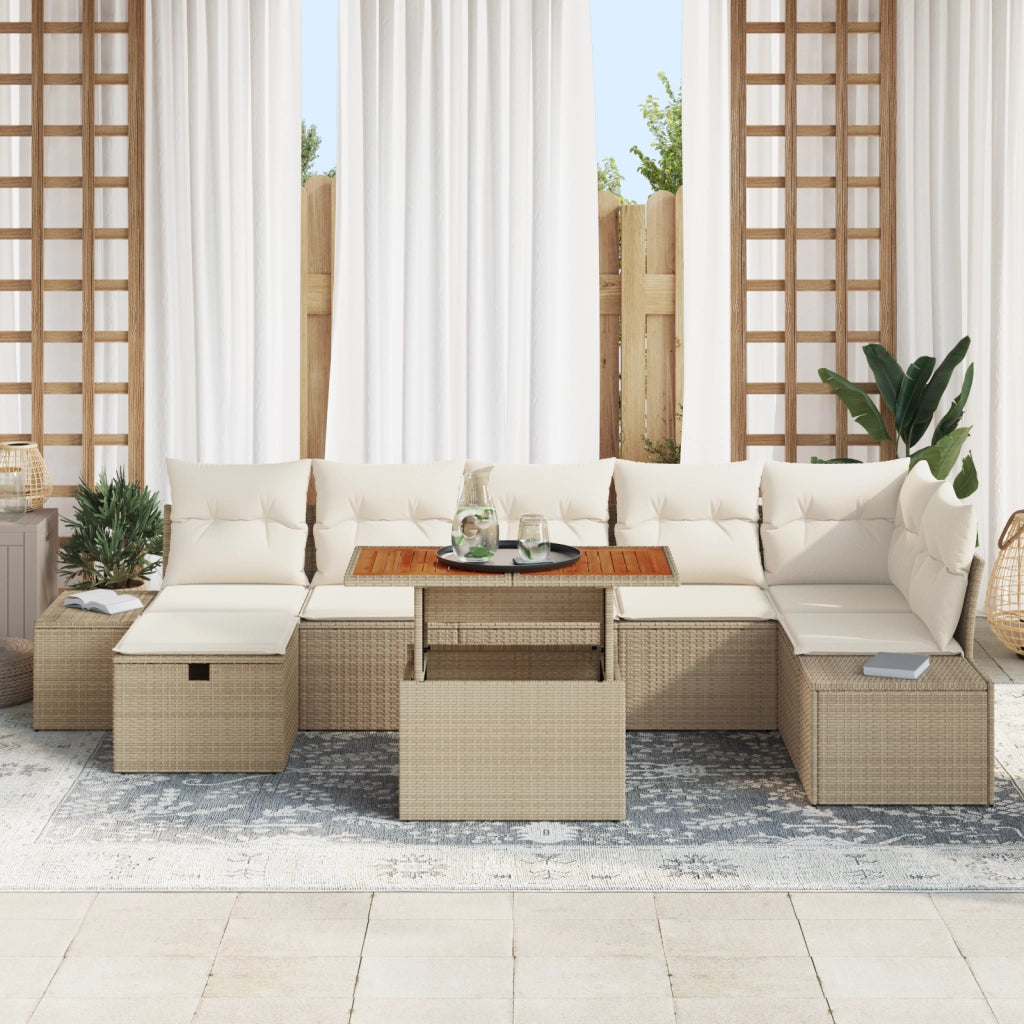 Set da Pranzo da Giardino 8 Pezzi con Cuscini Beige Polyrattan Acacia