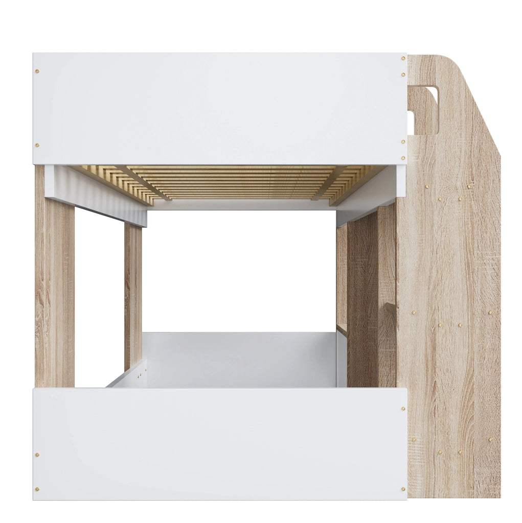 Letto a soppalco a forma di casa 90x200 cm con scala e spazio contenitore; rosa e bianco