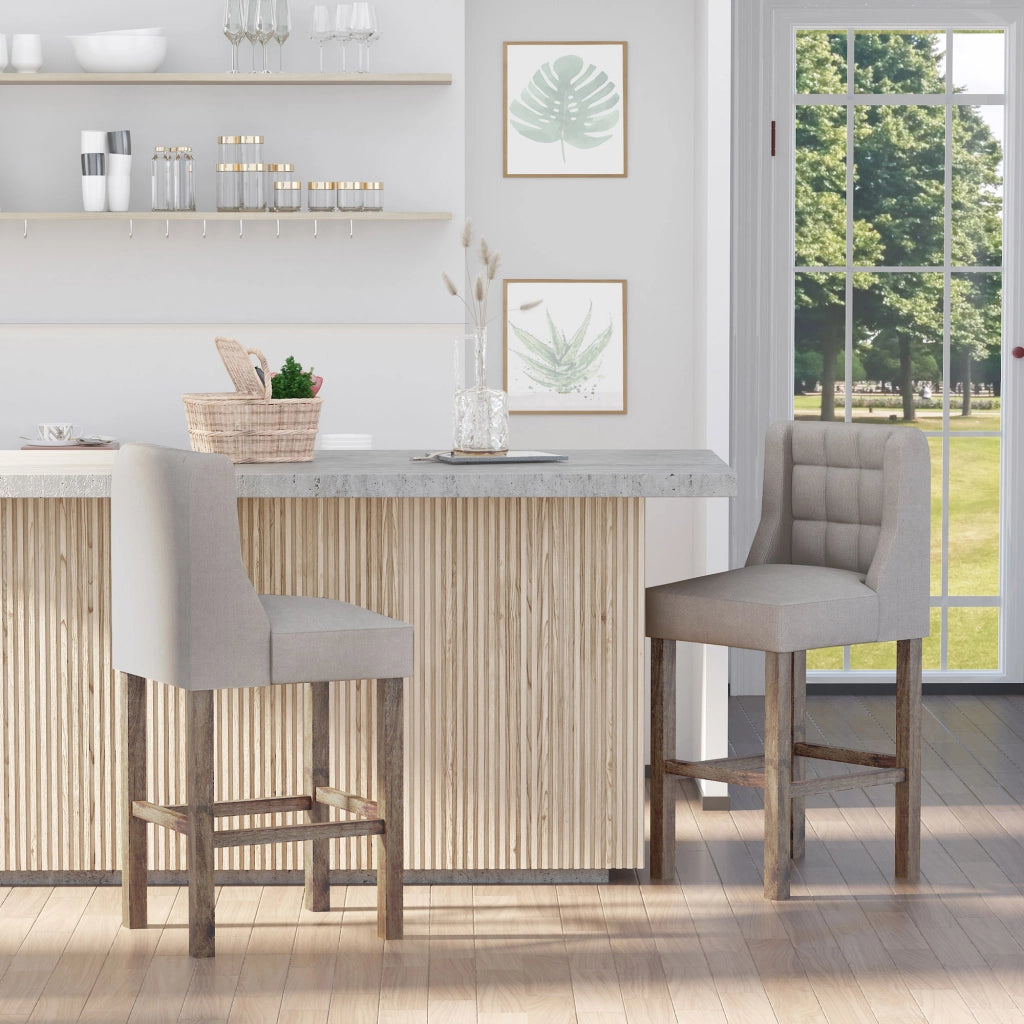 Sgabello da bar imbottito con schienale, lavorazione capitonné, beige, 47 x 50 x 101 cm