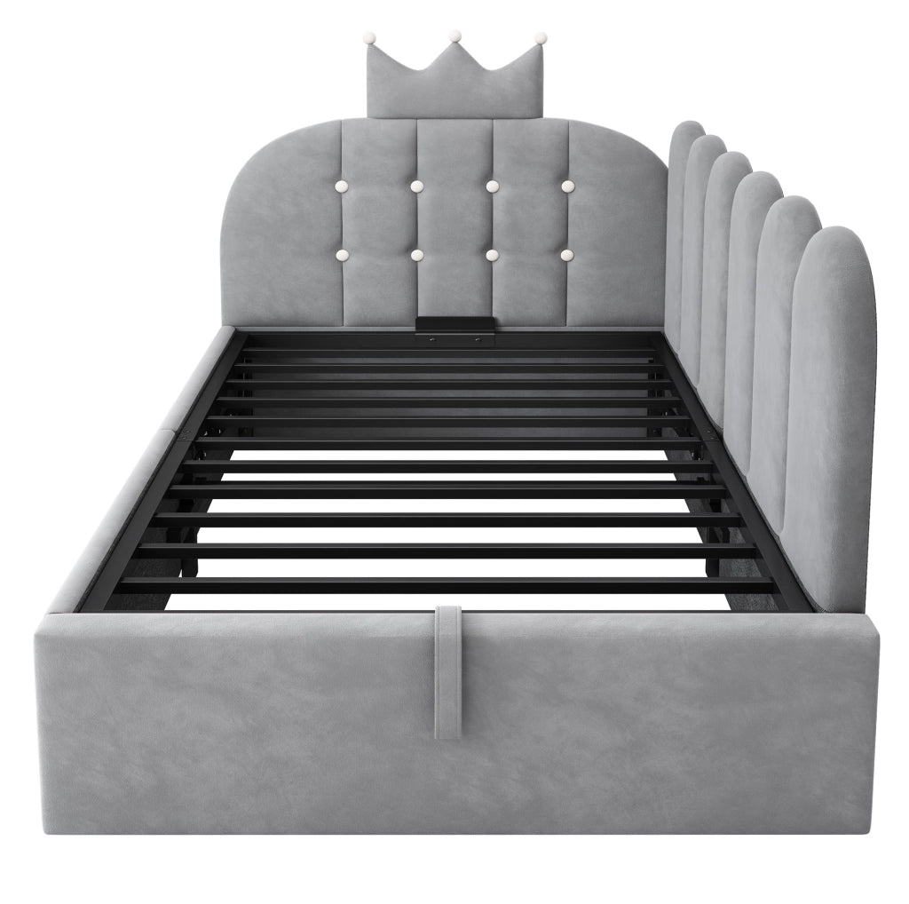 Letto daybed L-forma 90x190 cm in velluto grigio con contenitore e design a corona