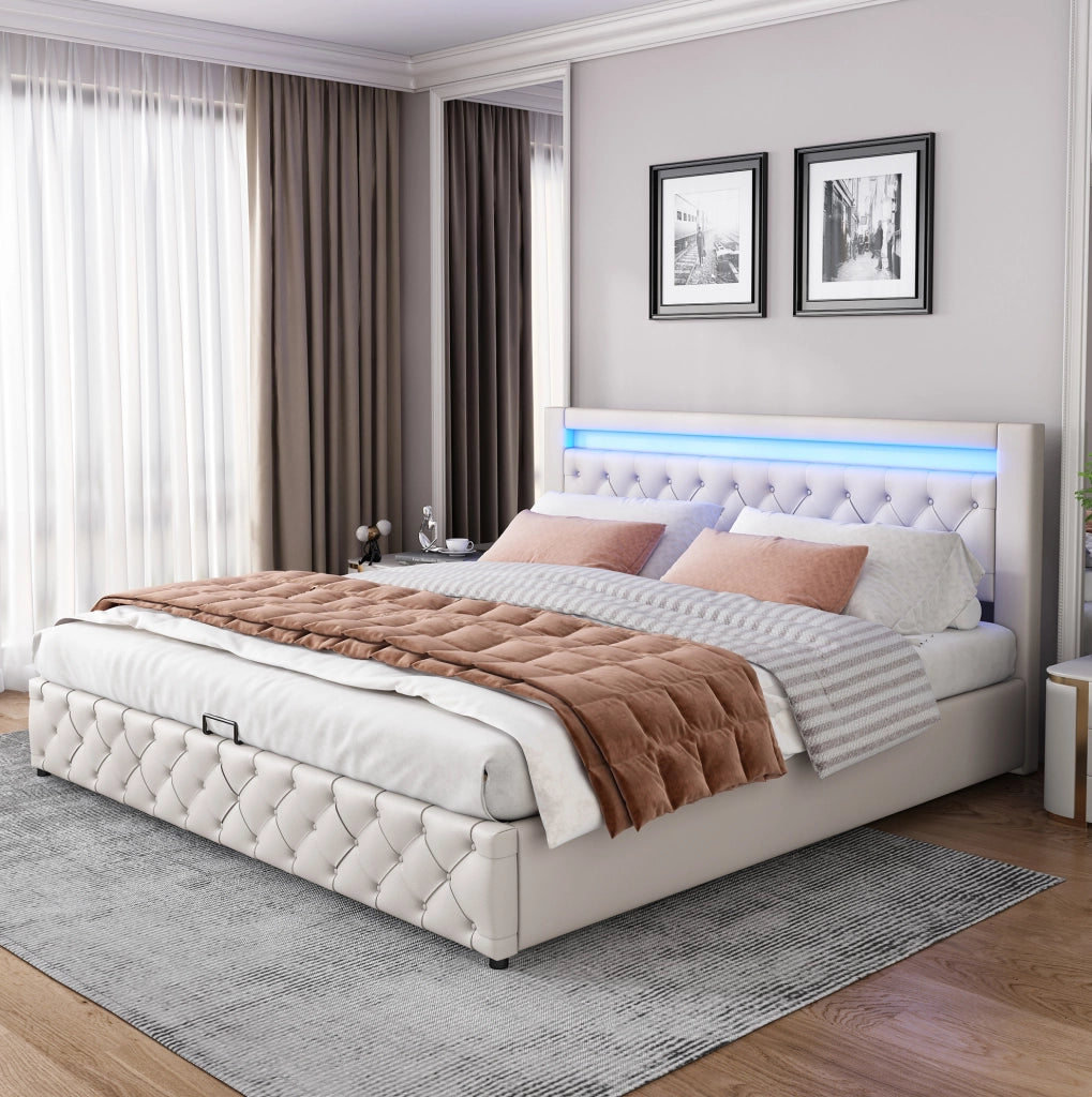 Letto imbottito 180 x 200 cm con rete a doghe; vano contenitore e LED; PU bianco