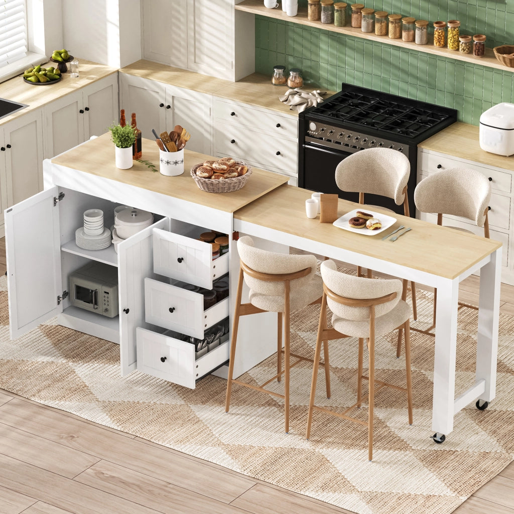 Isola da Cucina con 3 Cassetti; Portaspezie e Piano Estensibile con Ruote; in MDF; Bianco; 112-186.8 x 45 x 93 cm