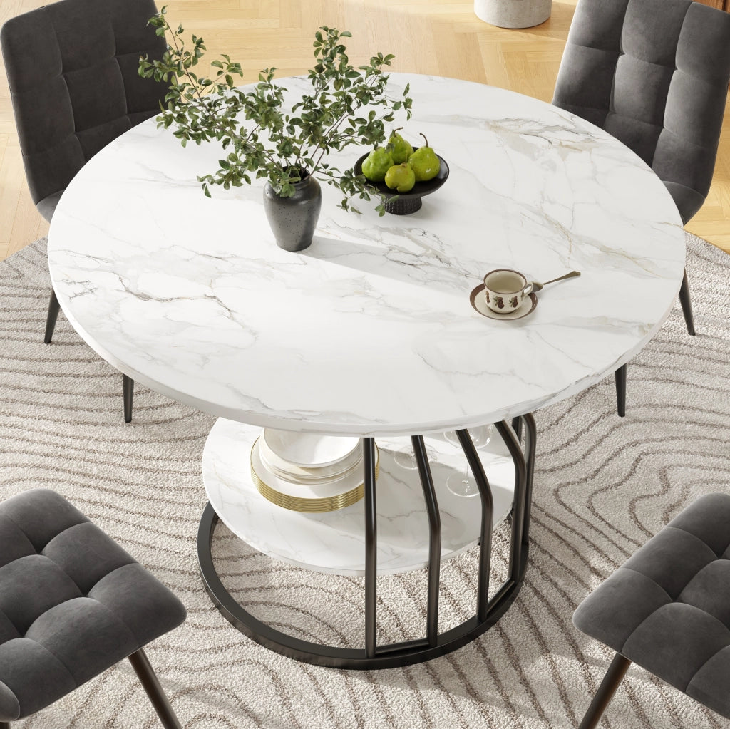 Tavolo da pranzo rotondo 80x80x76 cm con vano inferiore; MDF effetto marmo nero