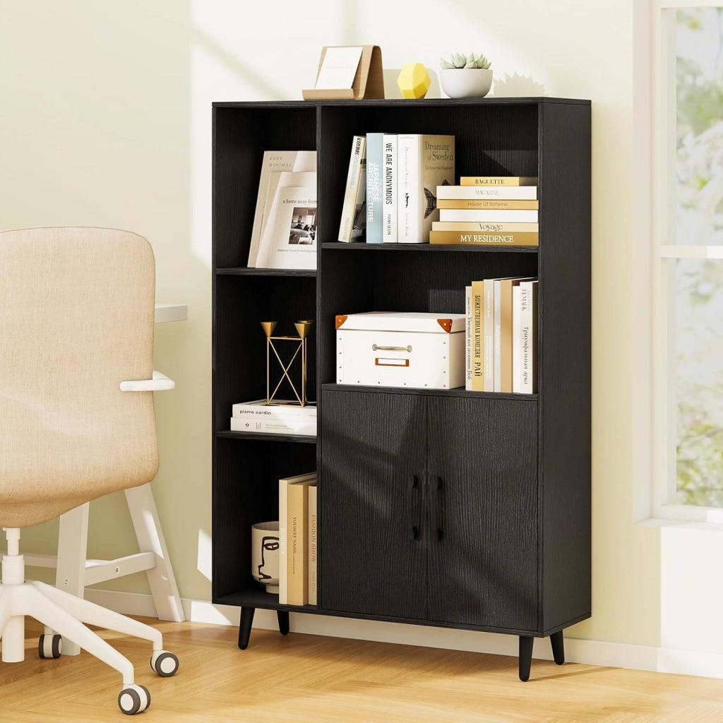 Libreria Scaffale con 5 Ripiani a Cubo Aperti e 2 Ante, Scaffale Espositivo in Legno Salvaspazio, Mobile per Camera da Letto, Soggiorno, Salotto, Ufficio e Studio, 80 x 23,5 x 119 cm (Nero)