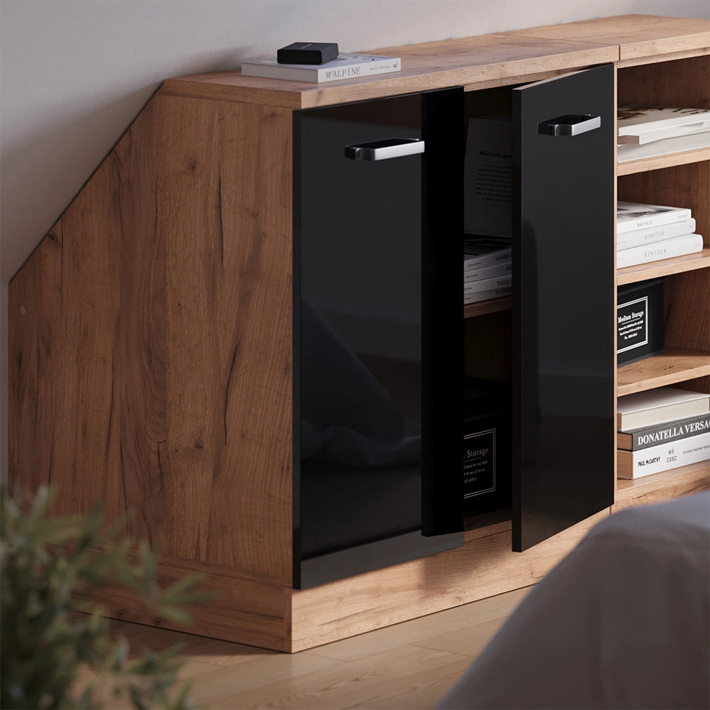 Mobile cucina sottotetto R-Line Nero lucido/Rovere dorato 80 cm con 2 porte, carcassa 60 cm profondità Vicco