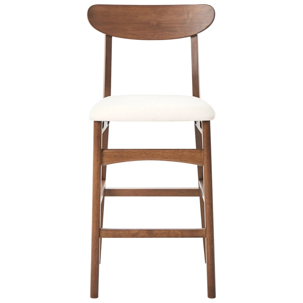 Set di 2 sedie da bar in legno di gomma marrone e beige chiaro, struttura in legno di gomma, seduta in tessuto, senza braccioli, design retrò