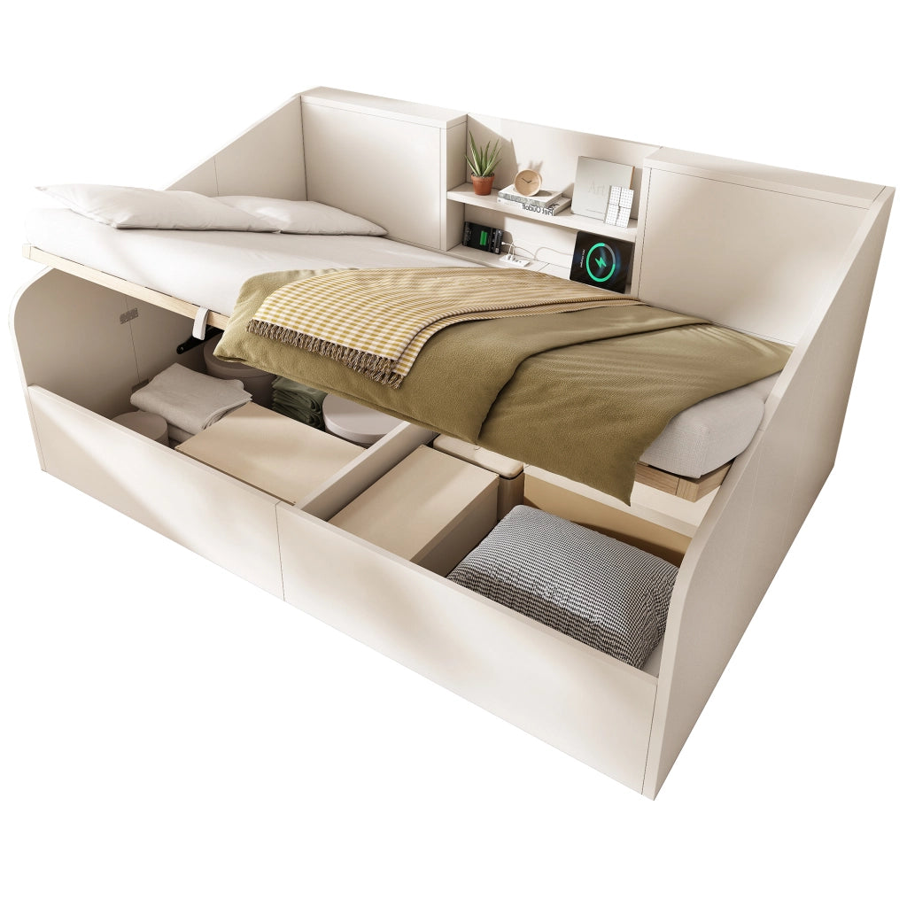 Letti contenitori 140x190 cm idraulico con vani portaoggetti e stazione di ricarica; legno; bianco (Senza materasso)