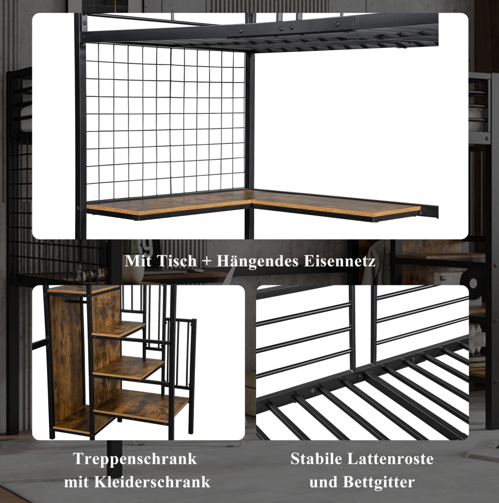 Letto a soppalco 90x200 cm con armadio integrato e scala laterale; MDF e metallo; nero noce scuro