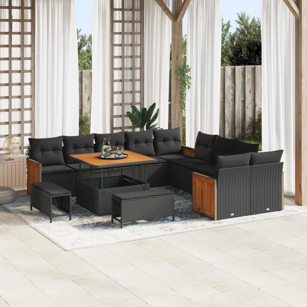 Set Divano da Giardino con cuscino 17 pcs Nero polyrattan