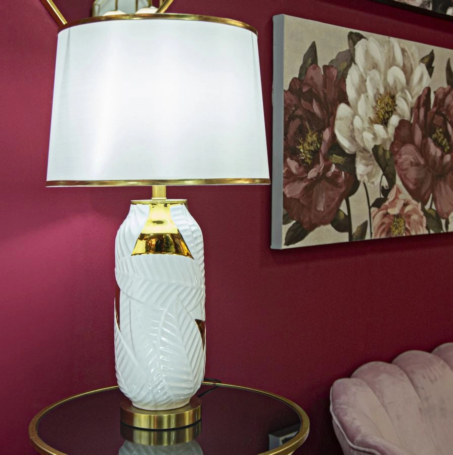 Lampada da Tavolo Ceramic Ø40x70 cm in Ceramica e Ferro e Tessuto Oro e Bianco