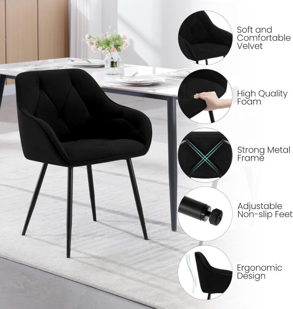 Set di 2 Sedie da Pranzo con Braccioli e Schienale, Sedie Cucina Moderna in Velluto, Poltrone da Salotto con Gambe in Metallo, Sedie ergonomiche per Ufficio, Bar, Nero, EZS02sz-2