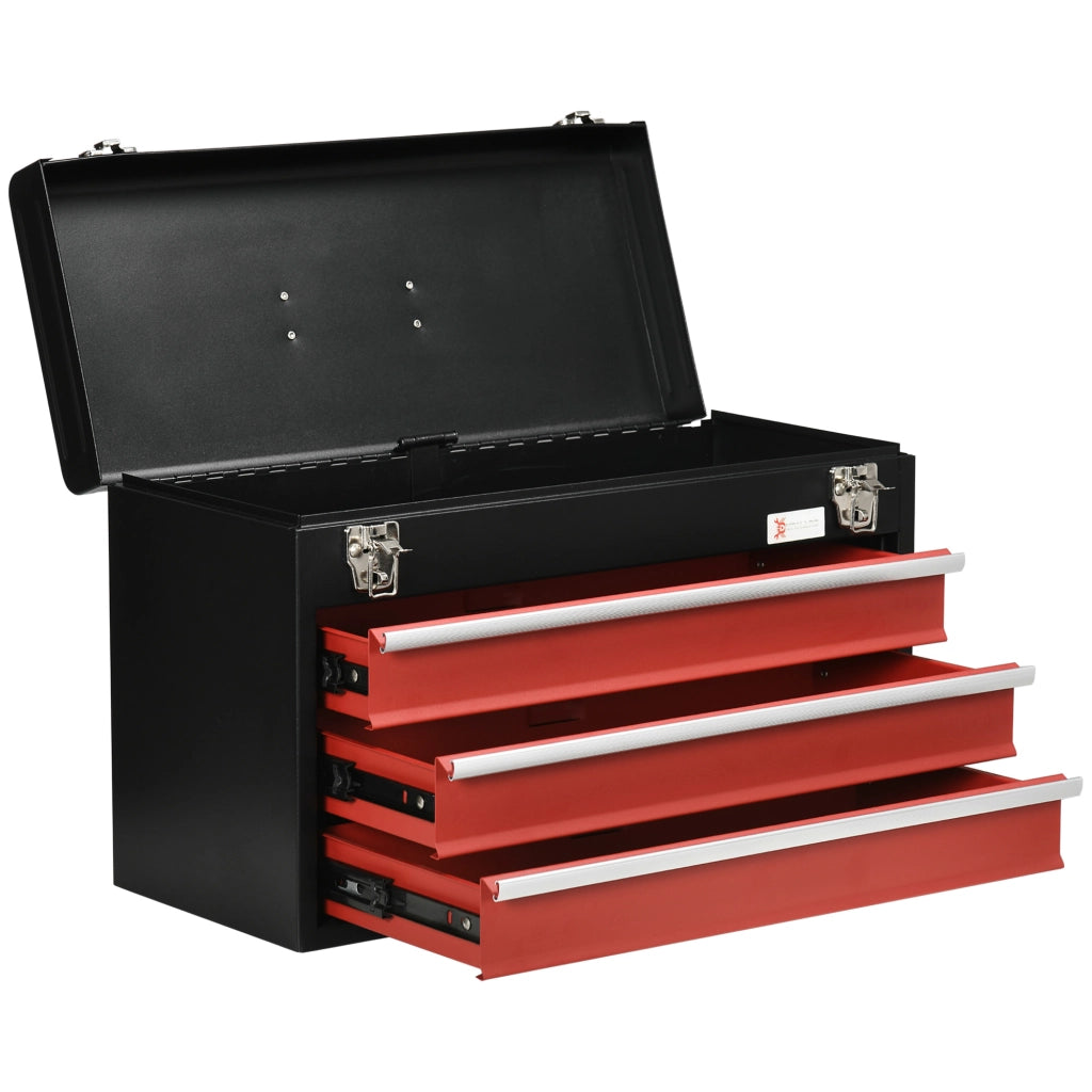 Cassetta Porta Attrezzi in Acciaio con 3 Cassetti e Vassoio Superiore, 51x22x32 cm, Rosso e Nero
