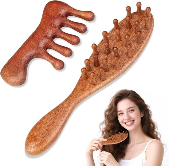 2 massaggiatori per la schiena in legno di sandalo con maniglie corte e lunghe - terapia di massaggio per la schiena e cura dei capelli