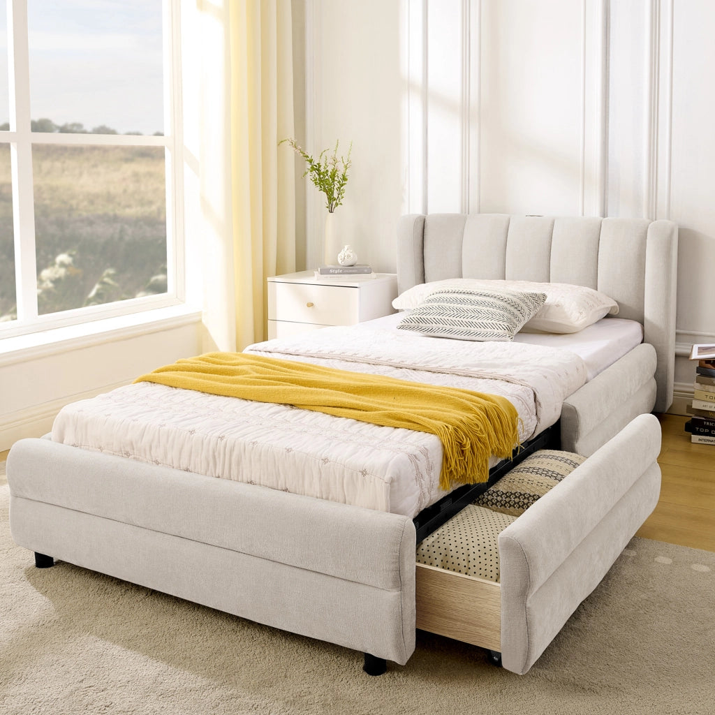 Letto singolo in Chenille beige 90x200 vani laterali USB ergonomico