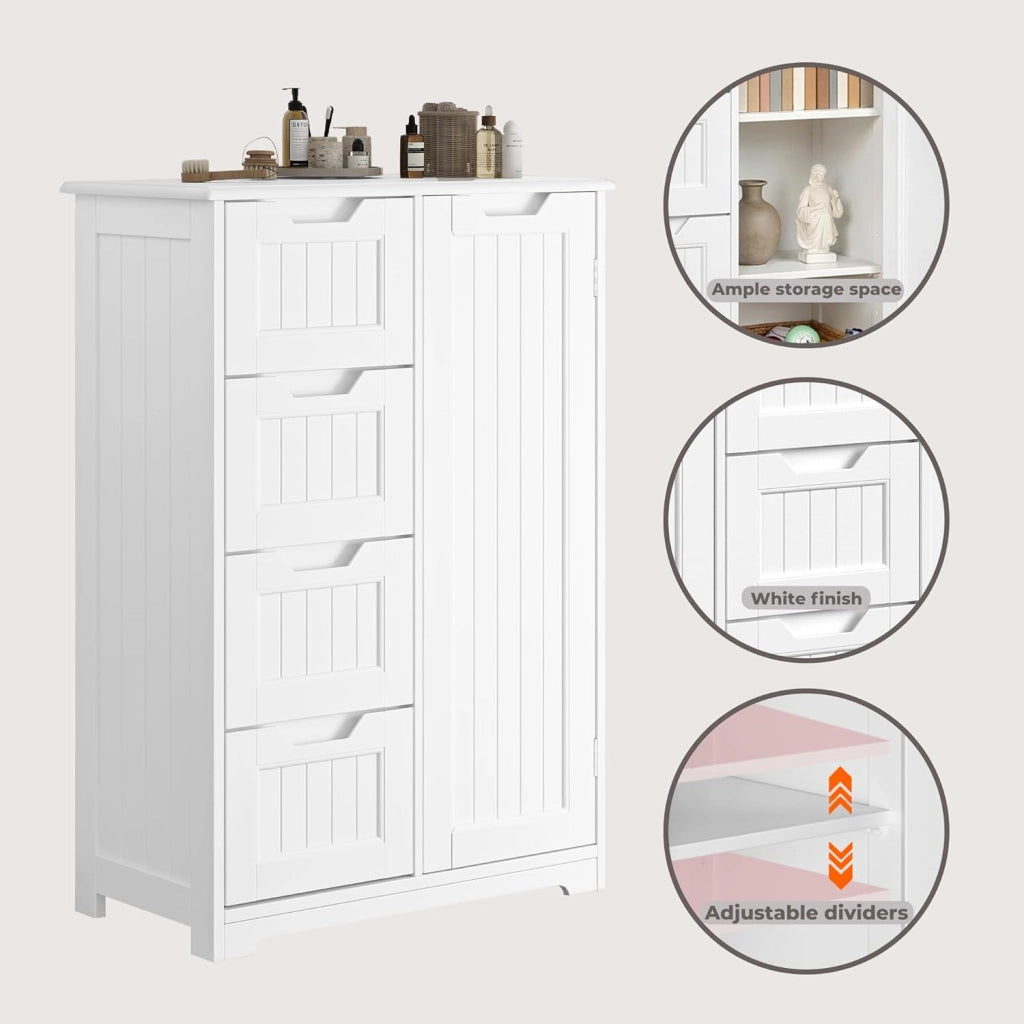 Armadietto per bagno con 4 cassetti, Armadietto autonomo, Armadietto laterale con anta e divisore regolabile, per bagno, ingresso, 30x60x85CM,Bianco