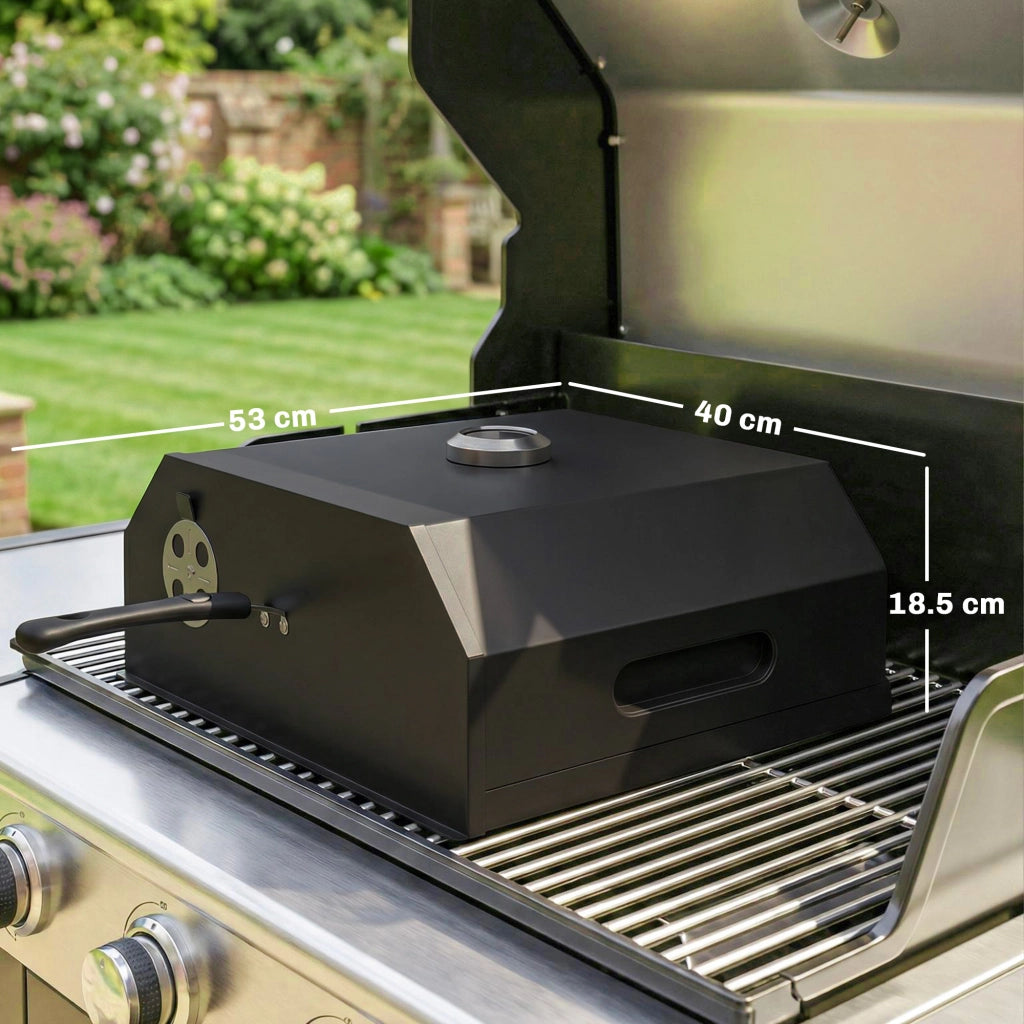 Mini Forno per Pizza da Barbecue 53x40x18,5 cm con Pietra in Cordierite e Termometro in Metallo Nero