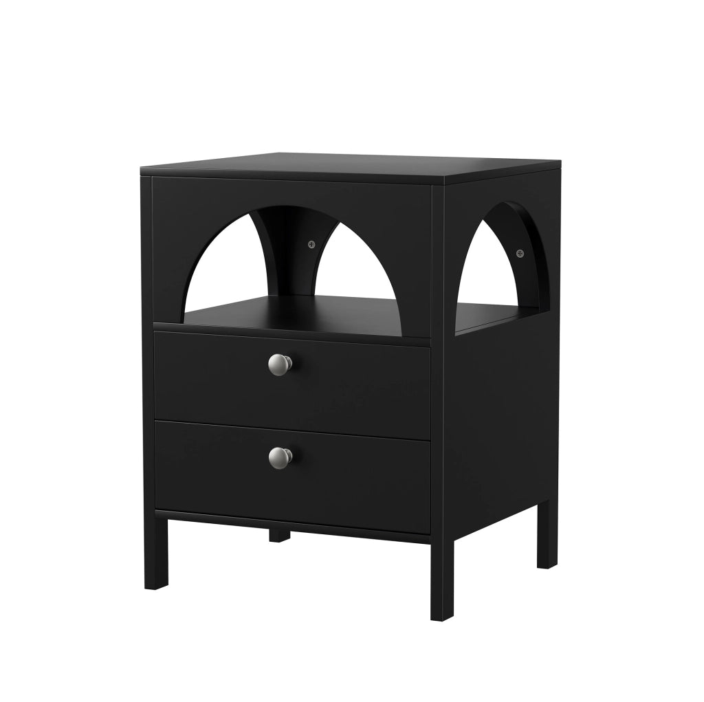 Comodino nero moderno con 2 cassetti e 1 vano aperto, 45 x 40 x 58 cm