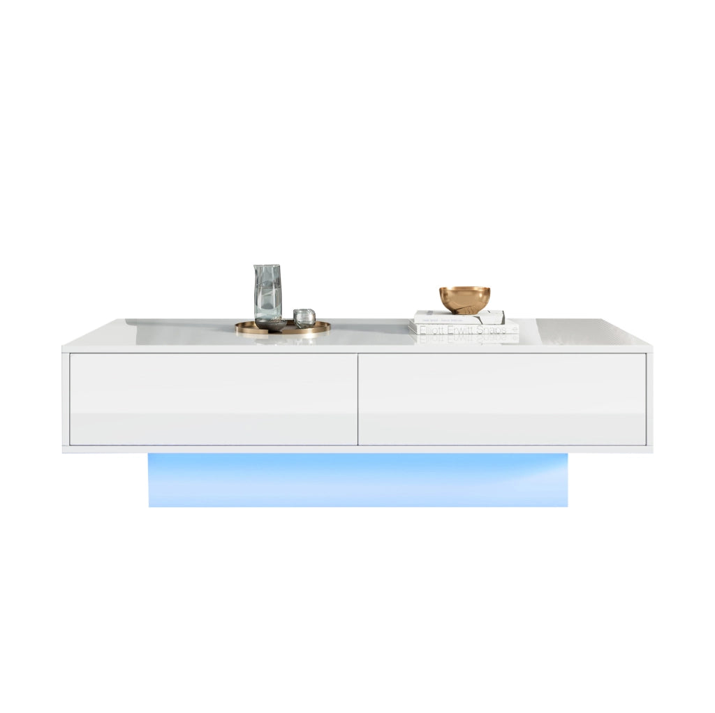Tavolino da caffè moderno bianco lucido 115 x 55 x 34 cm con 2 cassetti e LED