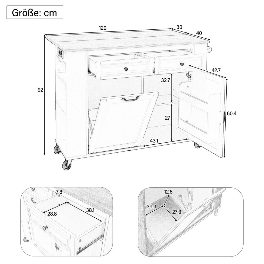 Carrello da Cucina con Piano Ribaltabile; Vano Pattumiera; Portasciugamani e Prese; 120x40-70x92 cm