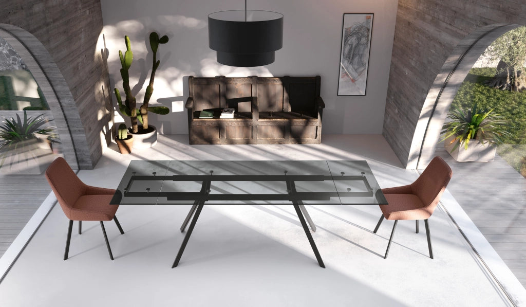 Tavolo Allungabile Smokey con Top in Vetro Temperato Nero Fumè, Struttura in Metallo, Design Moderno 160/240 cm - Smokey Collection