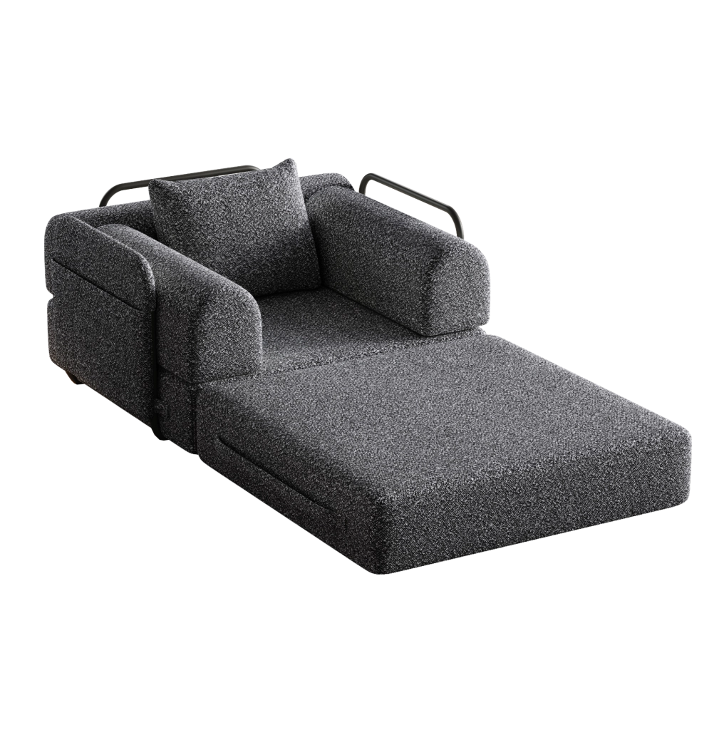 Divano letto 2 in 1 monoposto in ciniglia grigia con vano bracciolo