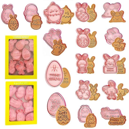 Set di stampi per biscotti di Pasqua 16 pezzi, stampi di silicone sicuri per biscotti, biscotti e decorazioni, inclusi coniglietti, uova e pulcini