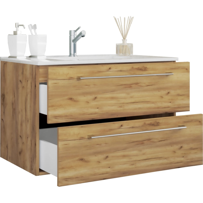Completo di Ezooza Set Bagno 2 Pezzi Mobile Extra Large con 2 cassetti e Lavabo sospesi, Rovere miele ,