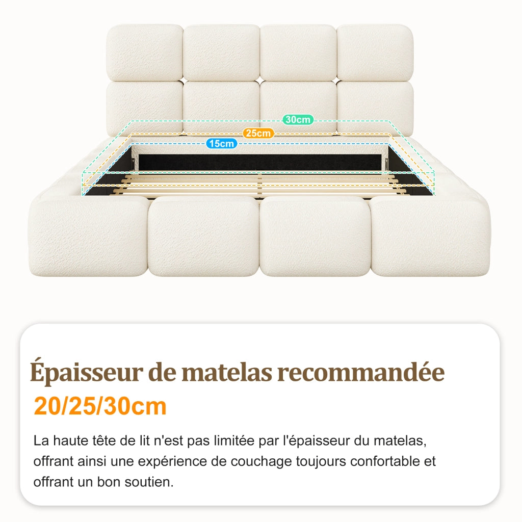 Letto matrimoniale imbottito 160x200 cm design nuvola; rivestimento in tessuto bouclé bianco